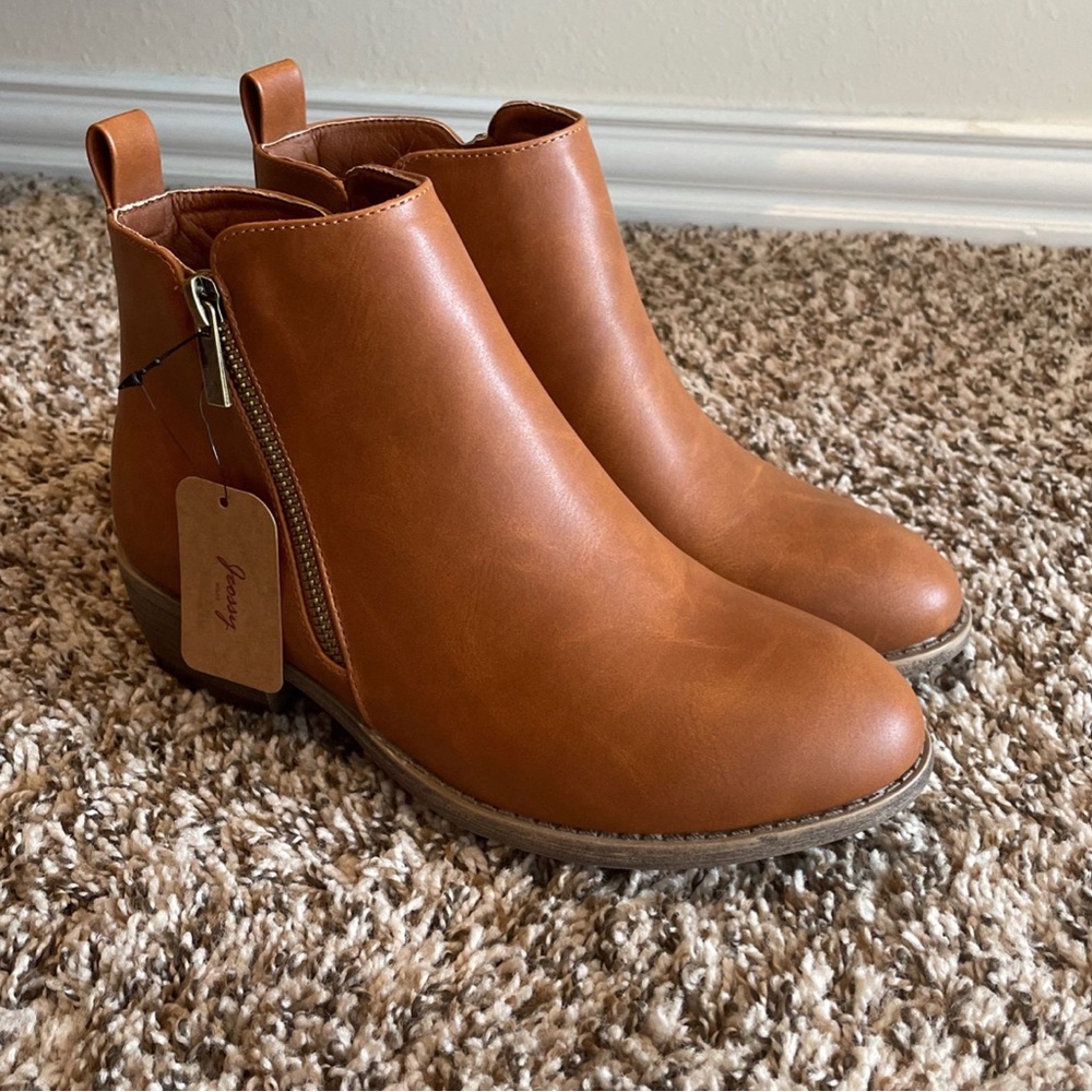 Jeossy Women's Ankle Boots Fashion Low Heel Black Booties, Brown, Size 7.5
